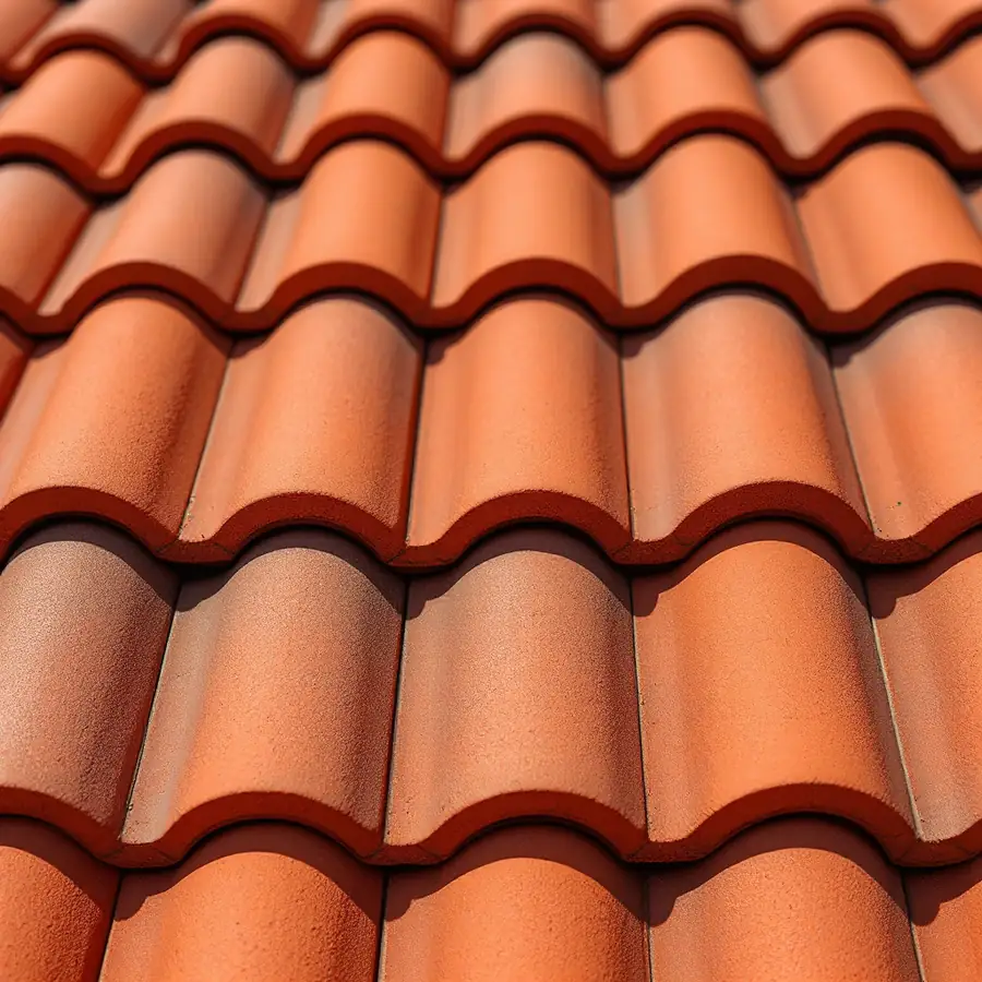 Extreme close-up of overlapping curved terracotta barrel roof tiles in bright sunlight showing their ridges and the shadow between courses