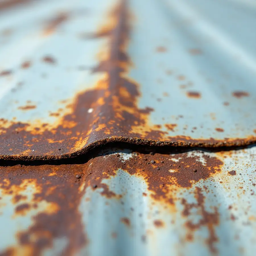 Extreme close-up of the cut edge of a painted metal roof panel with rust blooming along the bare edge and creeping under the paint on both sides