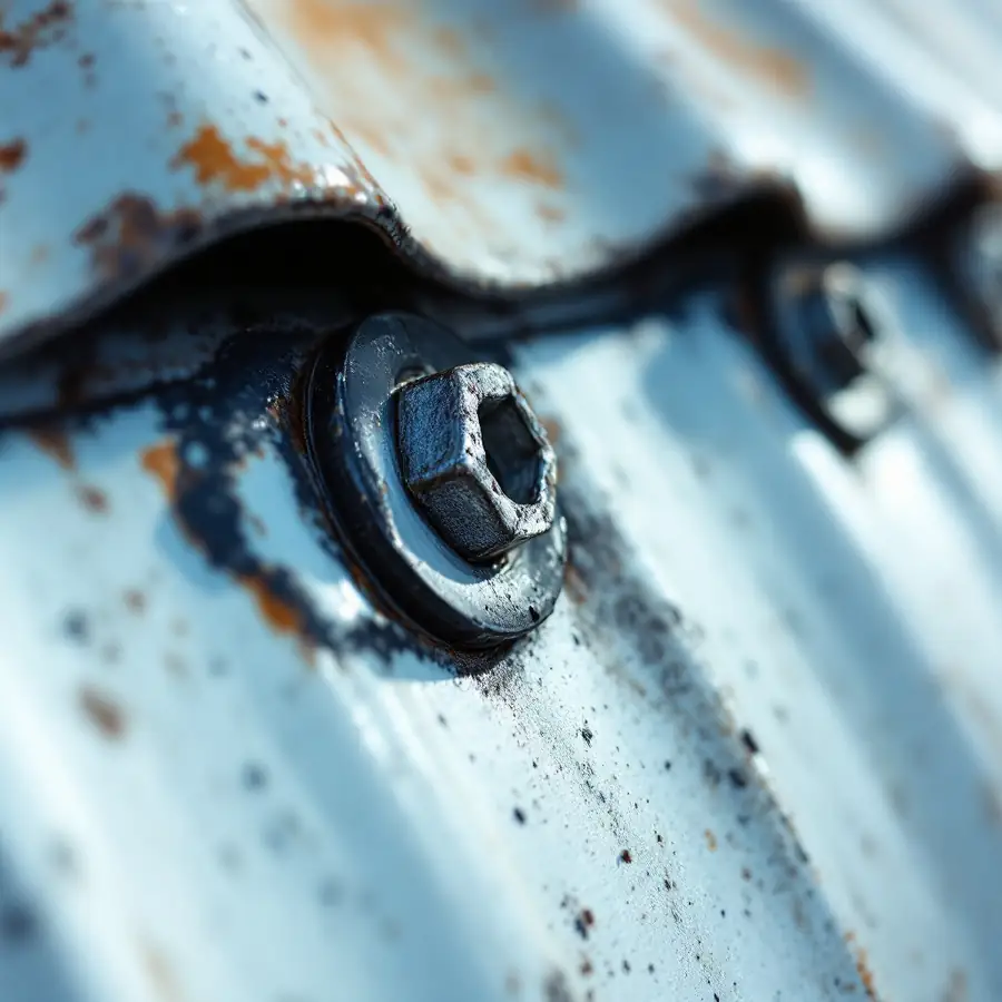 Extreme close-up of a ribbed metal roof panel showing an exposed hex-head screw with a rubber washer, rust blooming around the fastener head