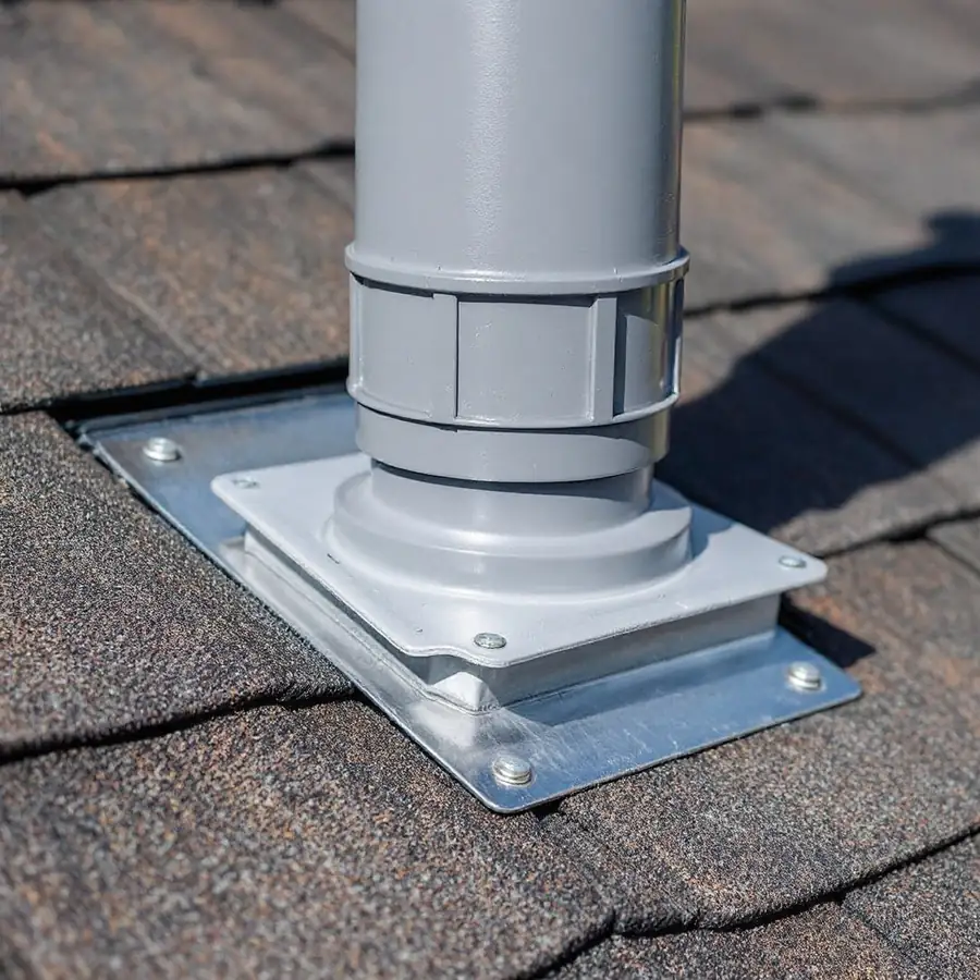 A grey rubber pipe boot over a vent pipe coming through an asphalt shingle roof, its metal base plate tucked under the shingles above and lying over those below
