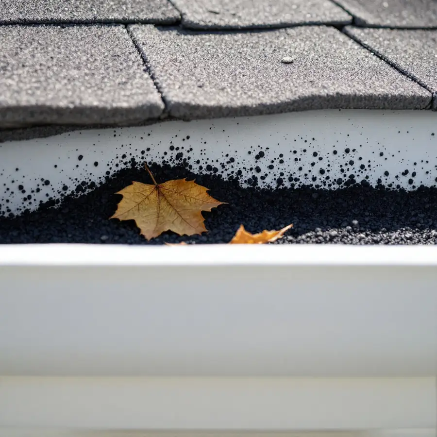 Looking down into an open white gutter half filled with dark mineral granules washed off the roof, with a couple of dry leaves among them