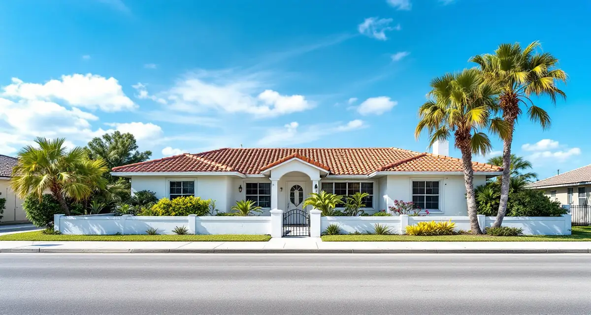 Single-storey Florida house seen from the street under a blue sky, its roof covered in curved terracotta barrel tiles, white stucco walls and palms to one side
