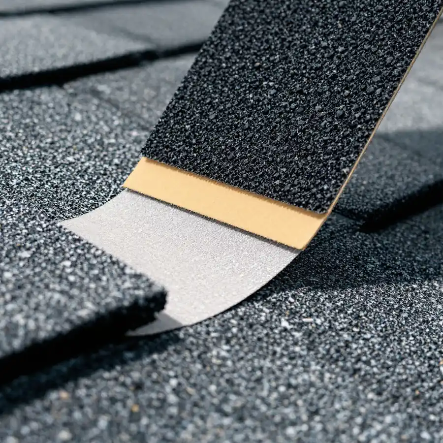 A single asphalt shingle tab lifted upward away from the roof, showing the pale unbonded adhesive strip beneath it, surrounding shingles lying flat