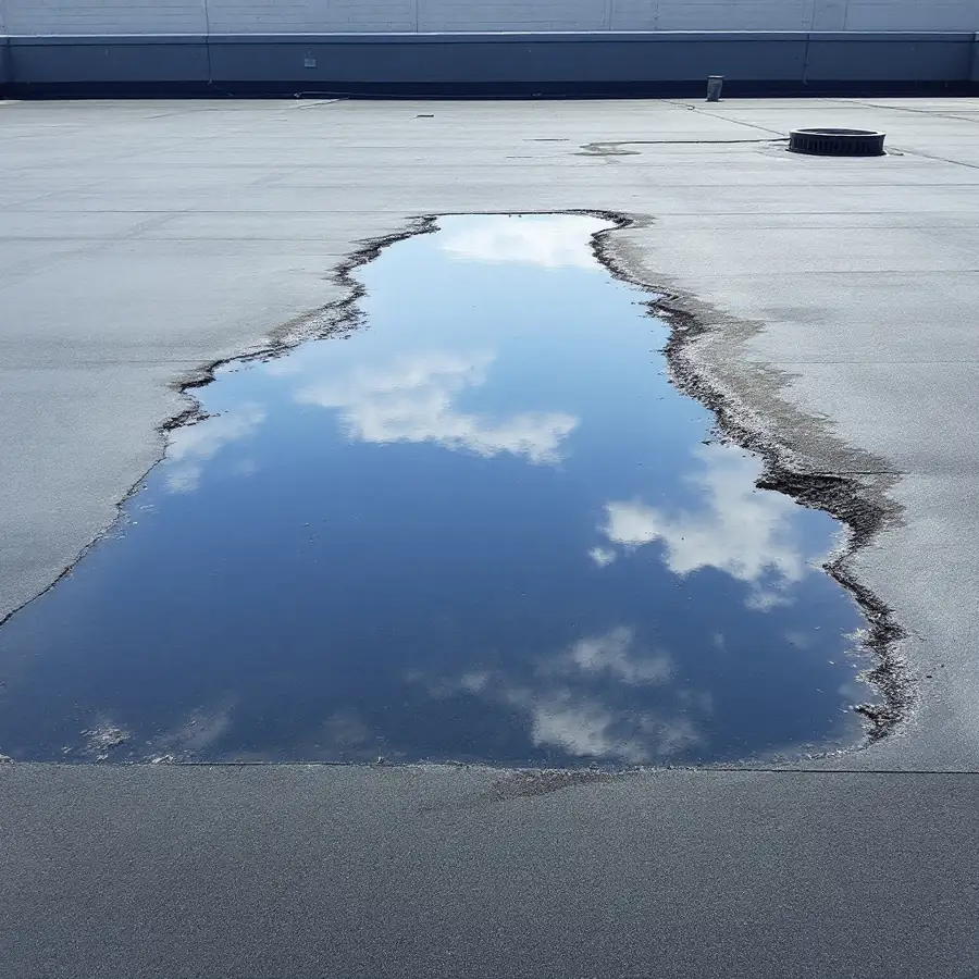 A flat grey membrane roof with a wide shallow puddle of standing water in the middle reflecting the sky, a dirt tide line around its edge and a drain nearby