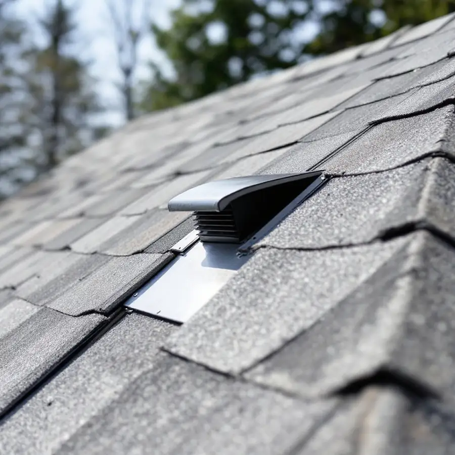 A low roof vent set into an asphalt shingle slope near the ridge, its louvres visible under a shaped hood, roof slopes falling away on both sides
