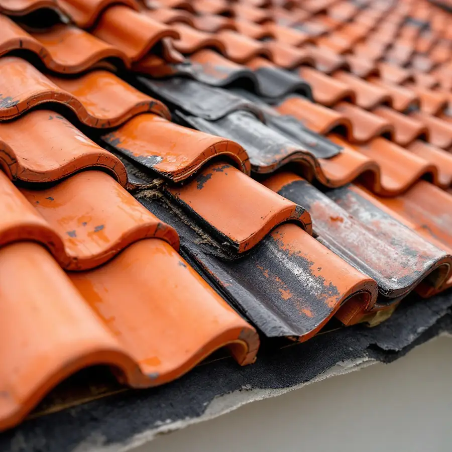 A clay barrel tile roof with several curved tiles lifted off and stacked aside, exposing the dark brittle underlayment felt and the battens beneath them