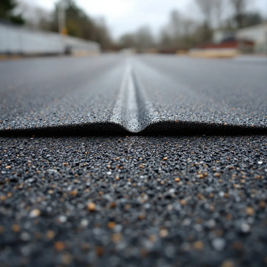 Close-up of a modified bitumen flat roof with mineral granules and a torched overlapping seam between rolls