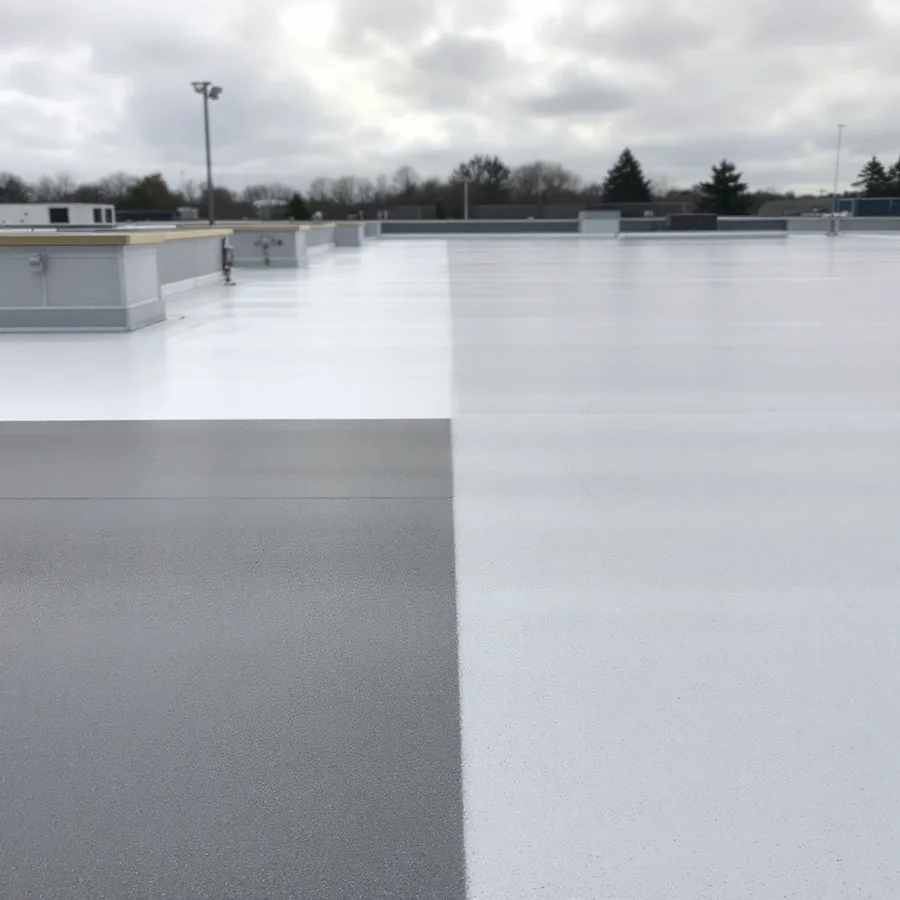 Flat roof half covered in fresh white reflective coating and half showing the older gray membrane, a clear line between them
