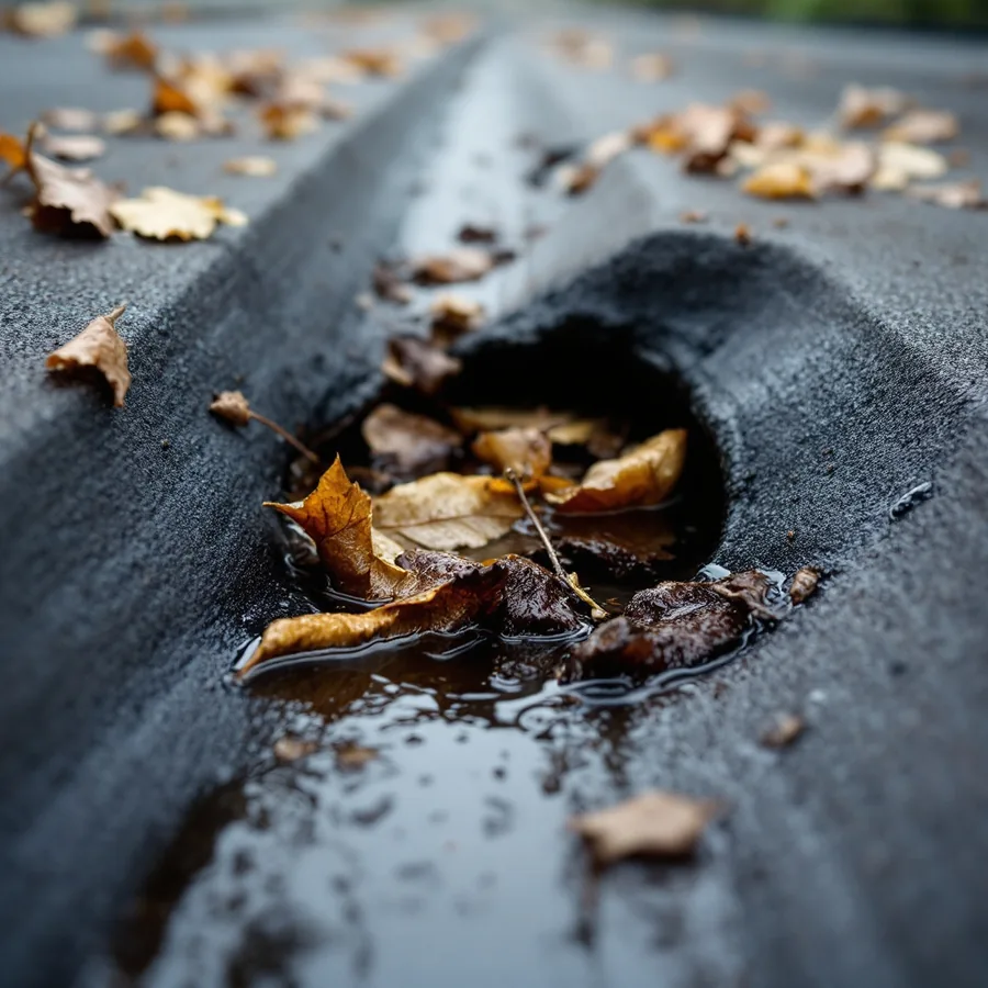 Roof drain in a flat membrane roof clogged with wet leaves and debris, water backed up around it