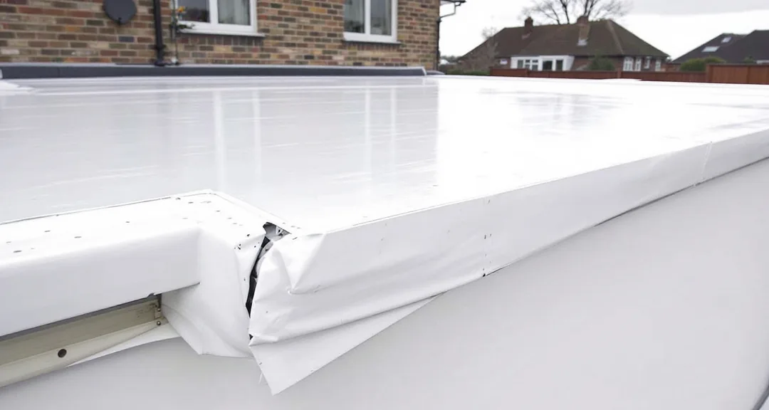 Residential flat roof over a house extension with a white membrane surface, parapet edge and roof drain, the pitched main roof behind