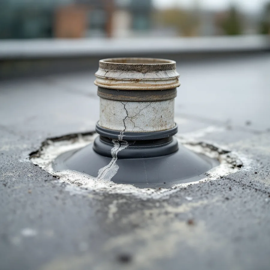 Vent pipe passing through a flat roof membrane with a rubber boot around it, the sealant at the collar cracked with age