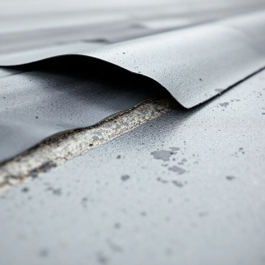 Extreme close-up of a failed seam on a flat roof membrane where the overlap has lifted and opened at the edge
