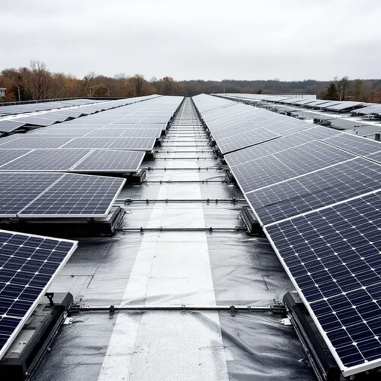 Solar panels mounted on a flat roof in ballasted trays sitting on the membrane without penetrating it, walkways between rows
