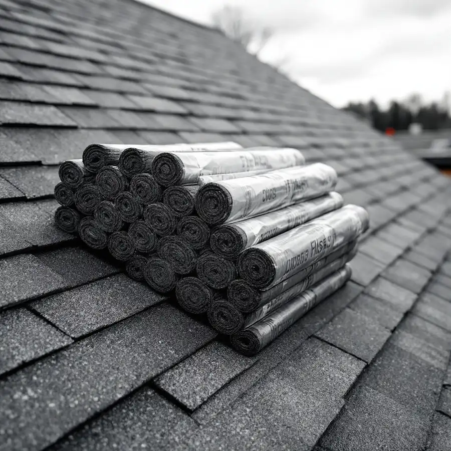 Stacked bundles of new asphalt shingles resting on a roof slope ready to be laid