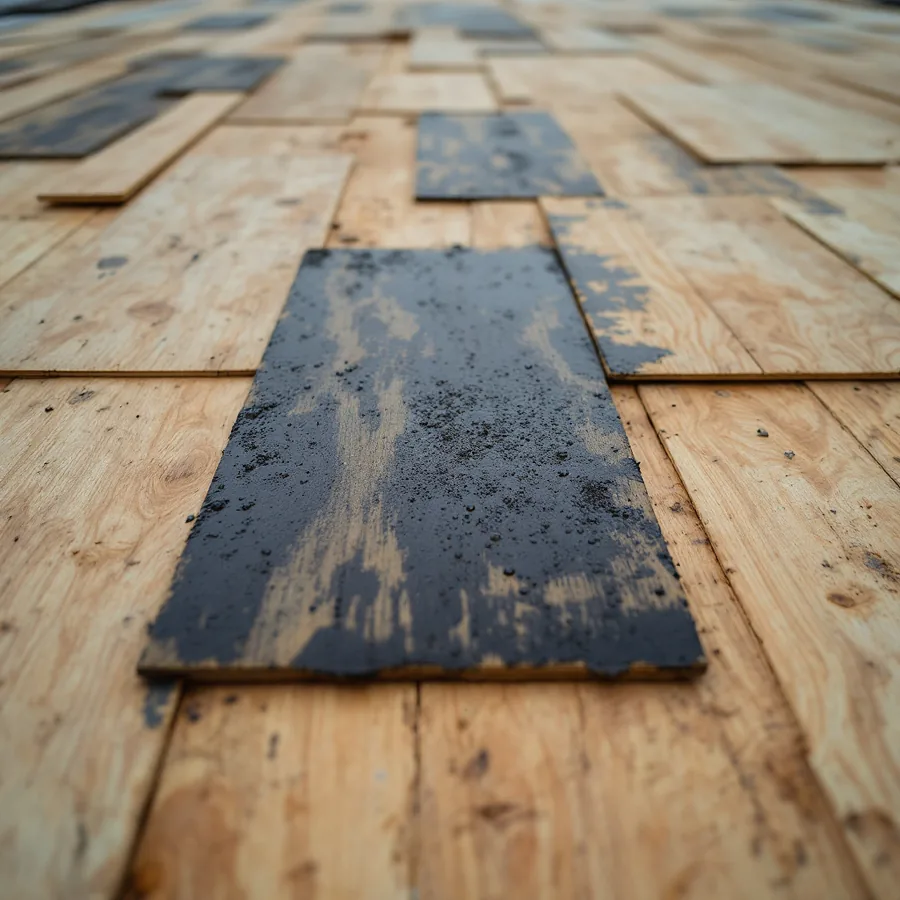 Bare roof sheathing where one dark water-stained plywood sheet sits among clean sound sheets, ready to be replaced