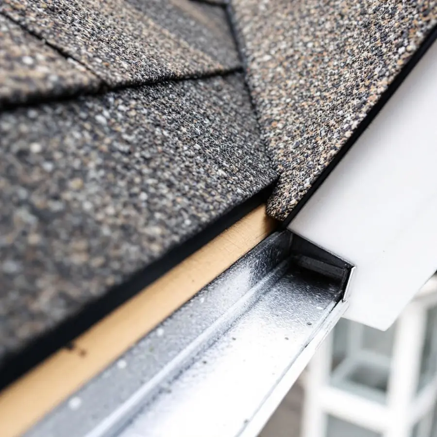 New metal drip edge fitted along a roof eave above the gutter with the first course of shingles laid over it