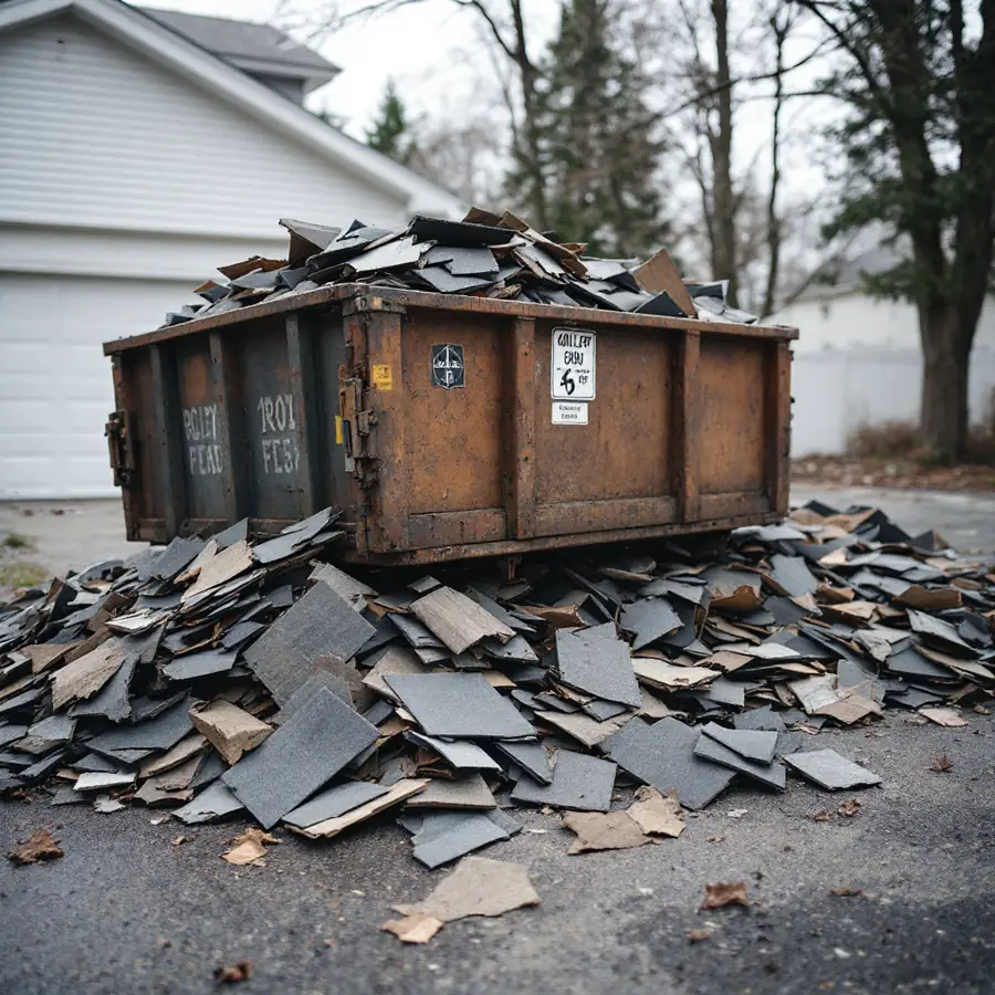 Roll-off dumpster on a driveway filled with torn-off old asphalt shingles, house behind it