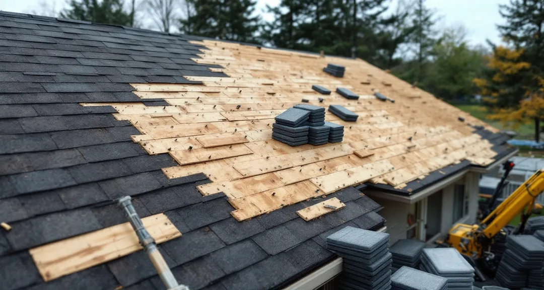 House part-way through a roof replacement, one slope stripped to bare wooden decking with old dark shingles still covering the rest and new material stacked on the roof