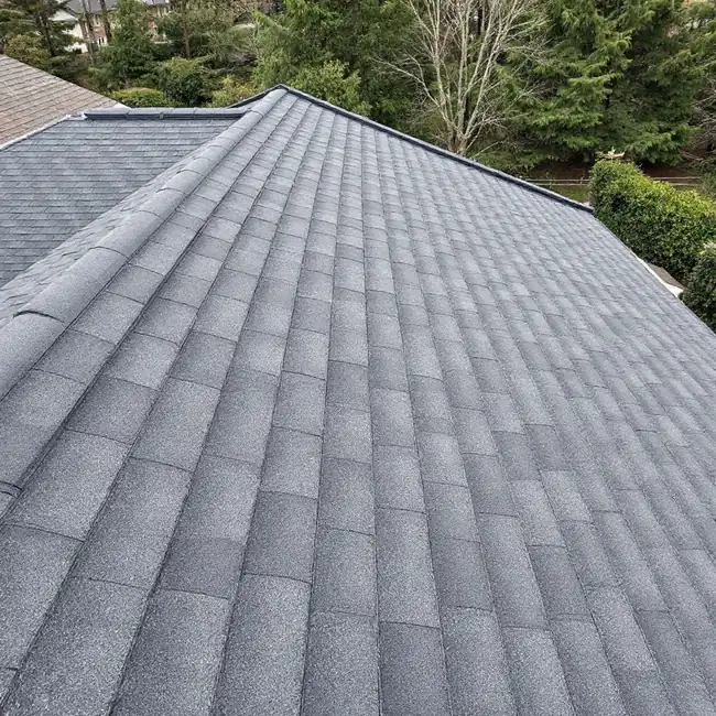 Finished new dark gray architectural shingle roof with clean crisp courses, seen from a neighbouring roof