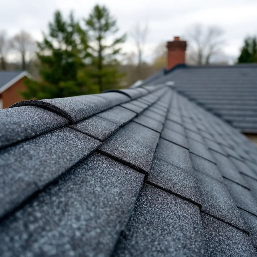 Ridge cap shingles running along the peak of a newly finished asphalt roof
