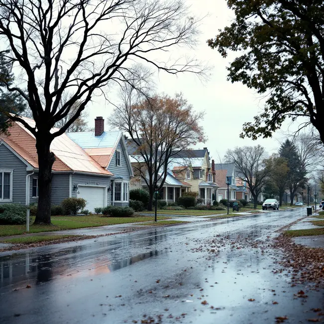 Suburban street after a hailstorm with several houses showing tarps and roofing work under way