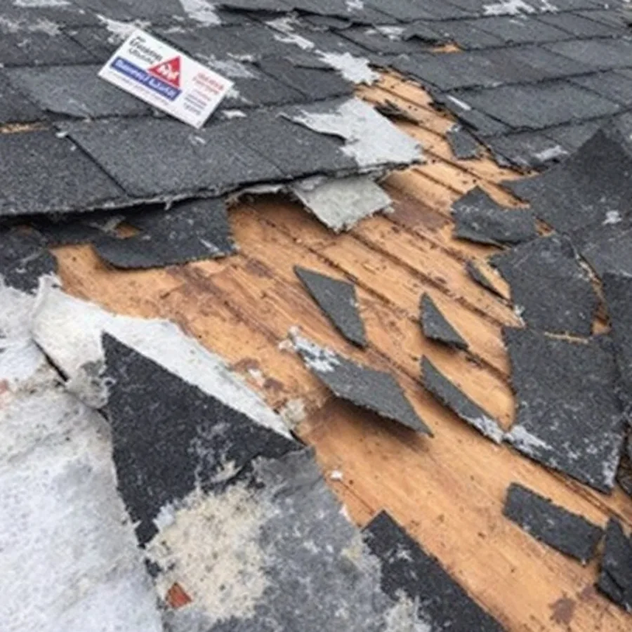 Roof during tear-off with old asphalt shingles pulled away, exposing the wooden deck and remnants of torn felt
