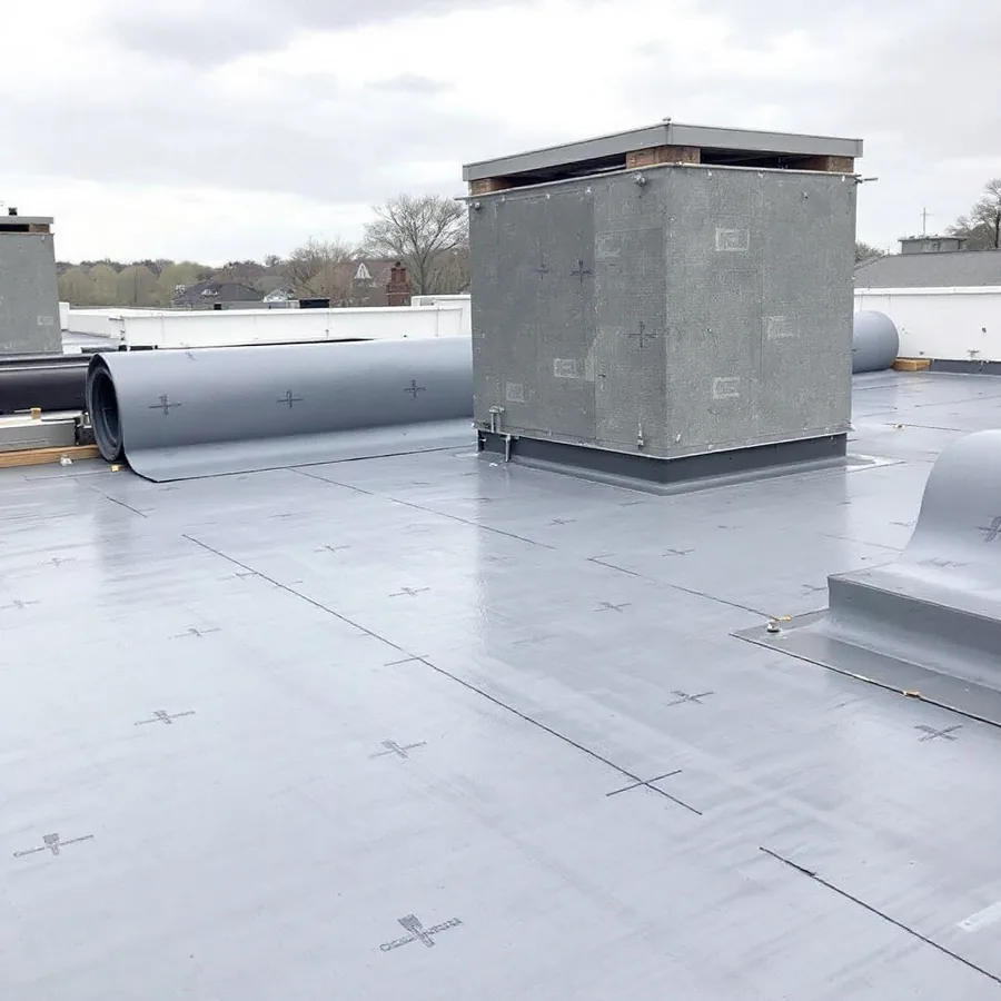 Gray synthetic roofing underlayment rolled out and fastened across a bare roof deck
