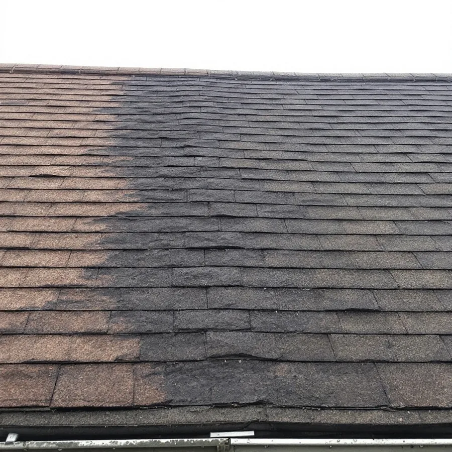 Residential roof with heavy uneven granule loss across a whole plane, lighter worn areas beside darker intact shingles