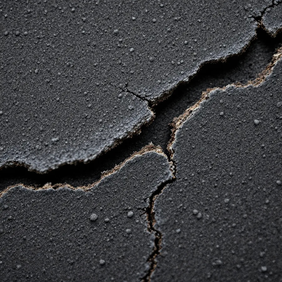 Old asphalt shingle cracked and broken along a ragged line with bare fibreglass mat showing through