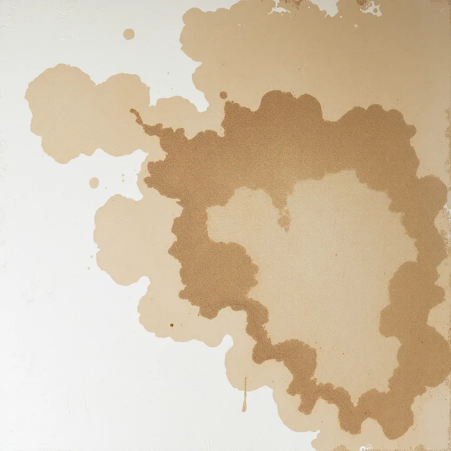Textured white ceiling with an irregular brown water stain spreading unevenly, ragged edges and a darker tide line