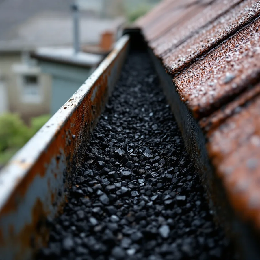 Open metal gutter half filled with dark granules washed off an asphalt roof after rain