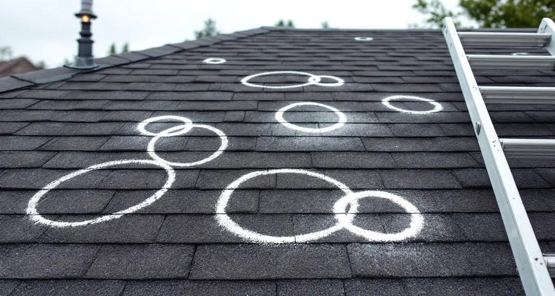Asphalt shingle roof slope after an insurance inspection, individual impact points
              circled in white chalk, an aluminum ladder resting against the eave