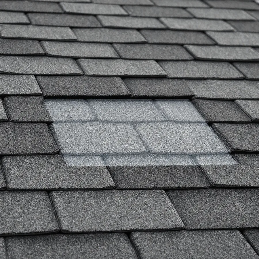 Asphalt shingle roof with a rectangular patch of newer shingles in a noticeably lighter shade among older faded shingles