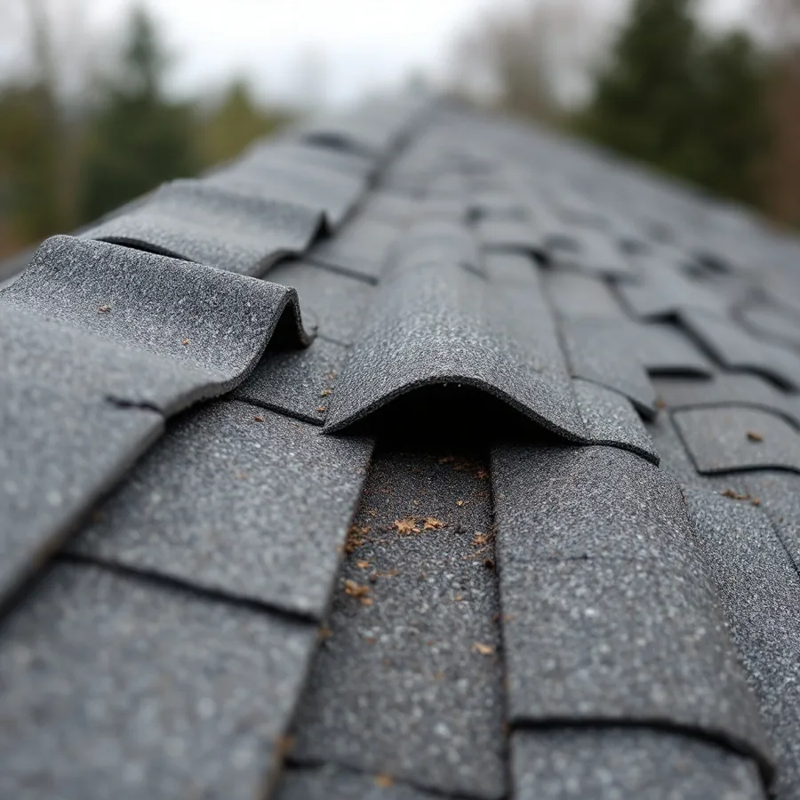 Ridge line of an asphalt shingle roof with several ridge cap shingles lifted and displaced, one folded back