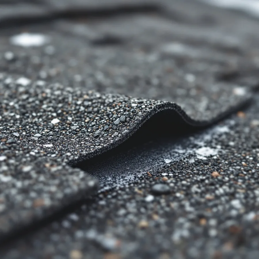 Macro view of an asphalt shingle tab curled upward, showing the black adhesive sealant strip underneath that is no longer bonded