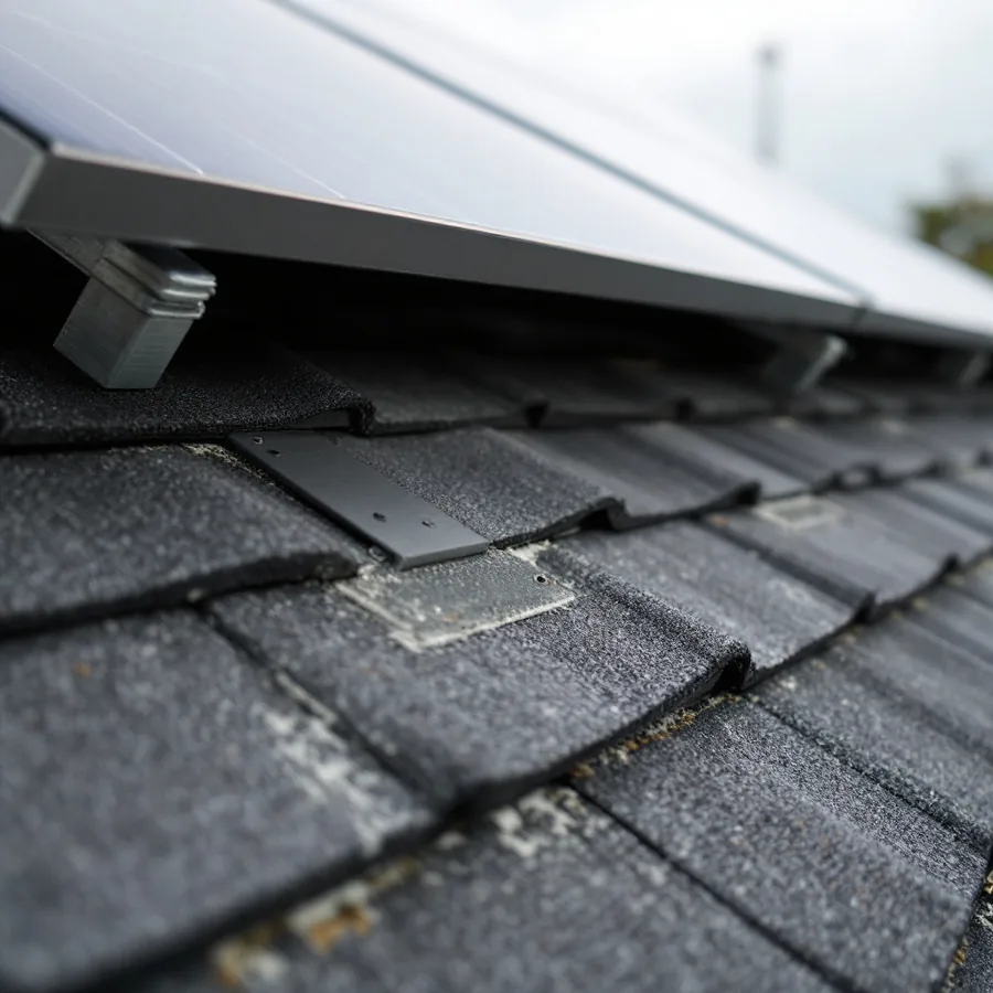 Solar panel array on a pitched asphalt shingle roof with mounting feet and rails bolted through the shingles and flashed at each penetration