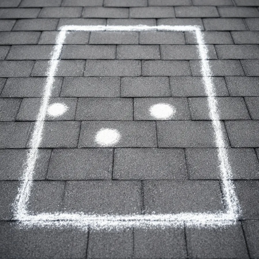 Weathered asphalt shingle roof with a large square outlined in white chalk and several impact points circled inside it