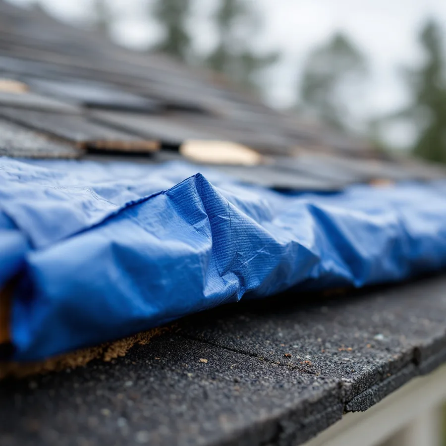 Blue emergency tarp laid over a section of damaged asphalt shingle roof with lifted shingles visible beyond its edge