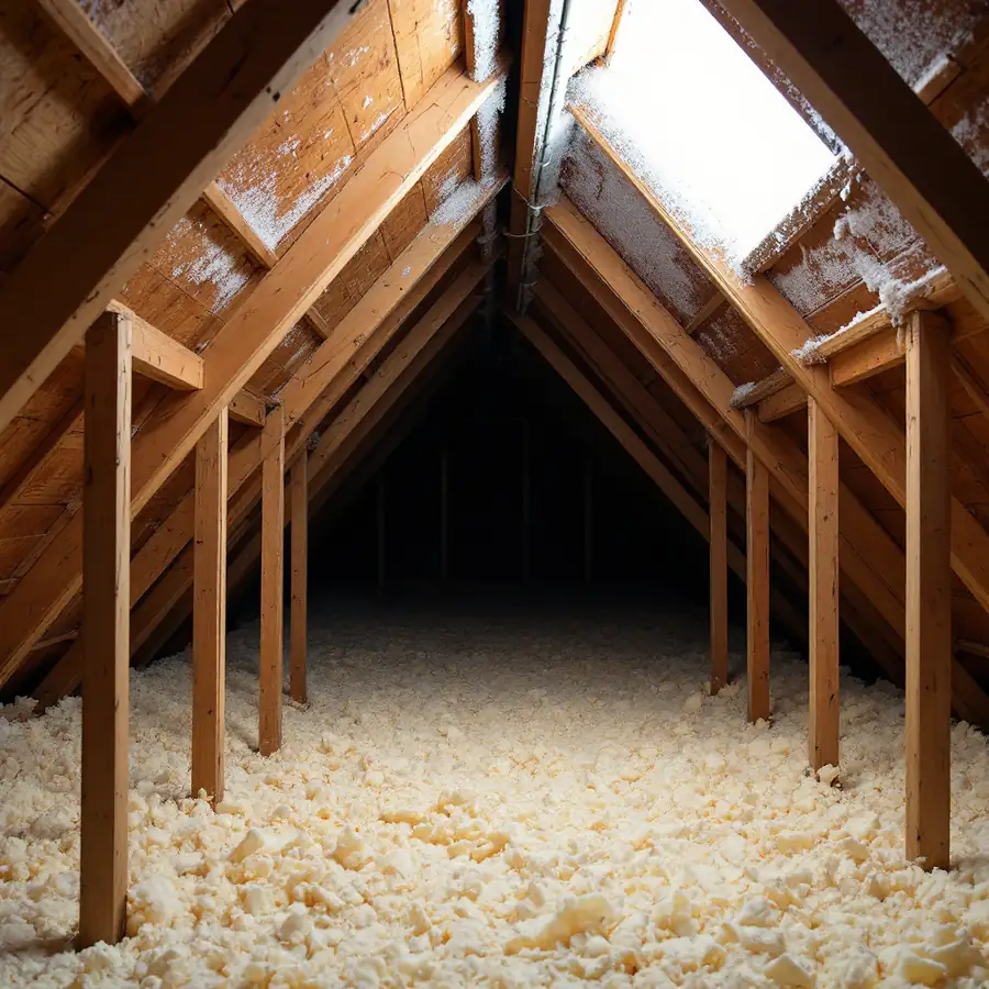 Inside an unfinished attic with loose pale insulation across the floor, wooden rafters, and white frost coating the underside of the roof boards