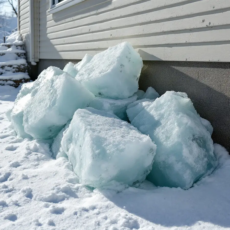 Large thick blocks of pale blue-white ice lying on the snow against the wall of a house below the eave