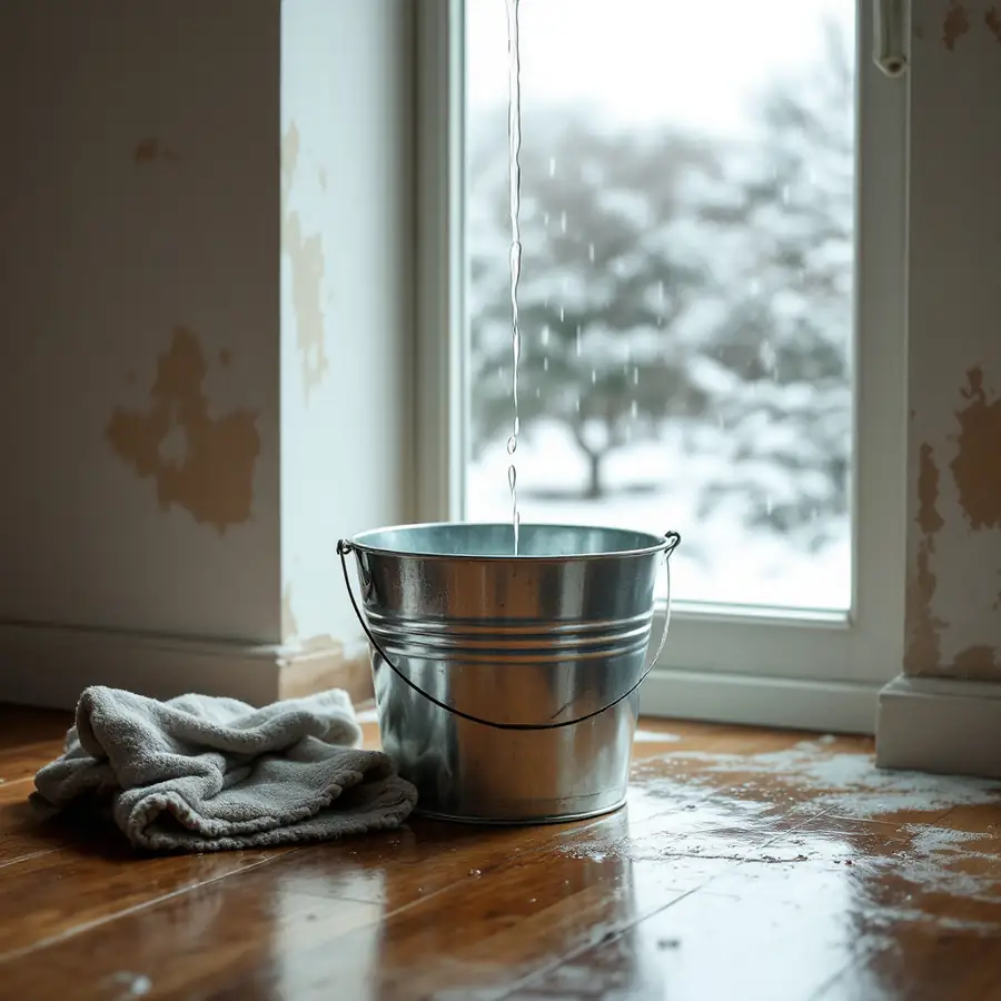 A metal bucket on a wooden floor beside a window catching a thin stream of water, a folded towel next to it, peeling paint on the wall and snow outside