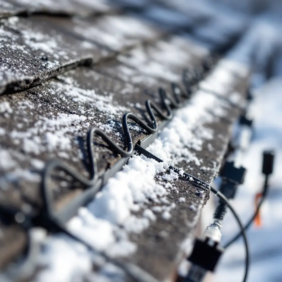 Close view along the edge of a shingle roof with a black electric cable fixed in a zigzag across the lower courses, light snow lying between the loops
