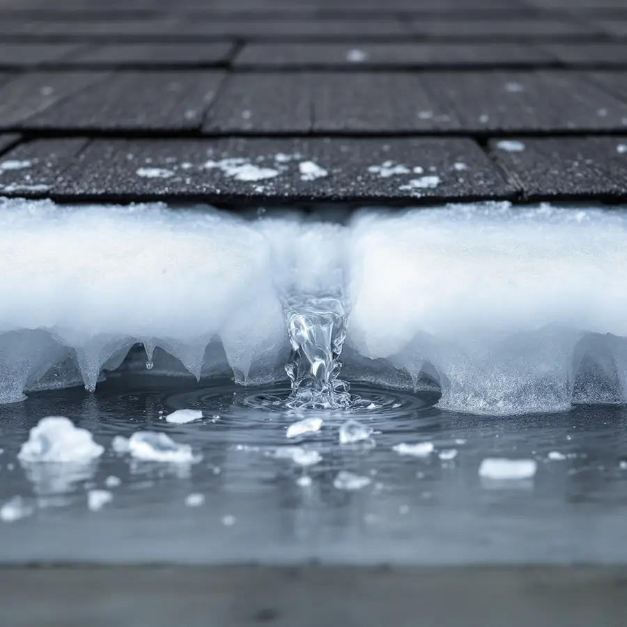 Close view of a thick band of ice along the edge of a shingle roof with a narrow slot melted through it and meltwater pouring out of the slot