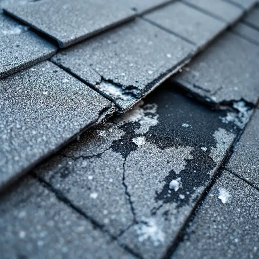 Extreme close-up of grey asphalt shingles with a broken tab and a patch scraped down to bare black asphalt, small fragments of ice beside the damage