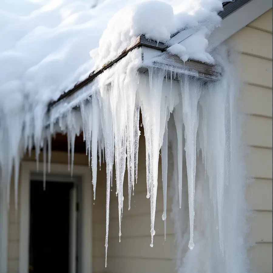 The eave over a house doorway in winter loaded with snow and hung with a dense curtain of long icicles, ice running down the siding beside the door