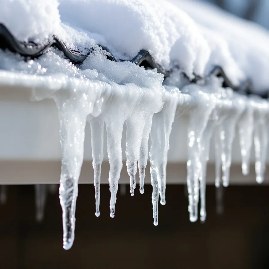 Close view of a white gutter under a snow covered roof edge, glazed over with ice and hung with a row of icicles
