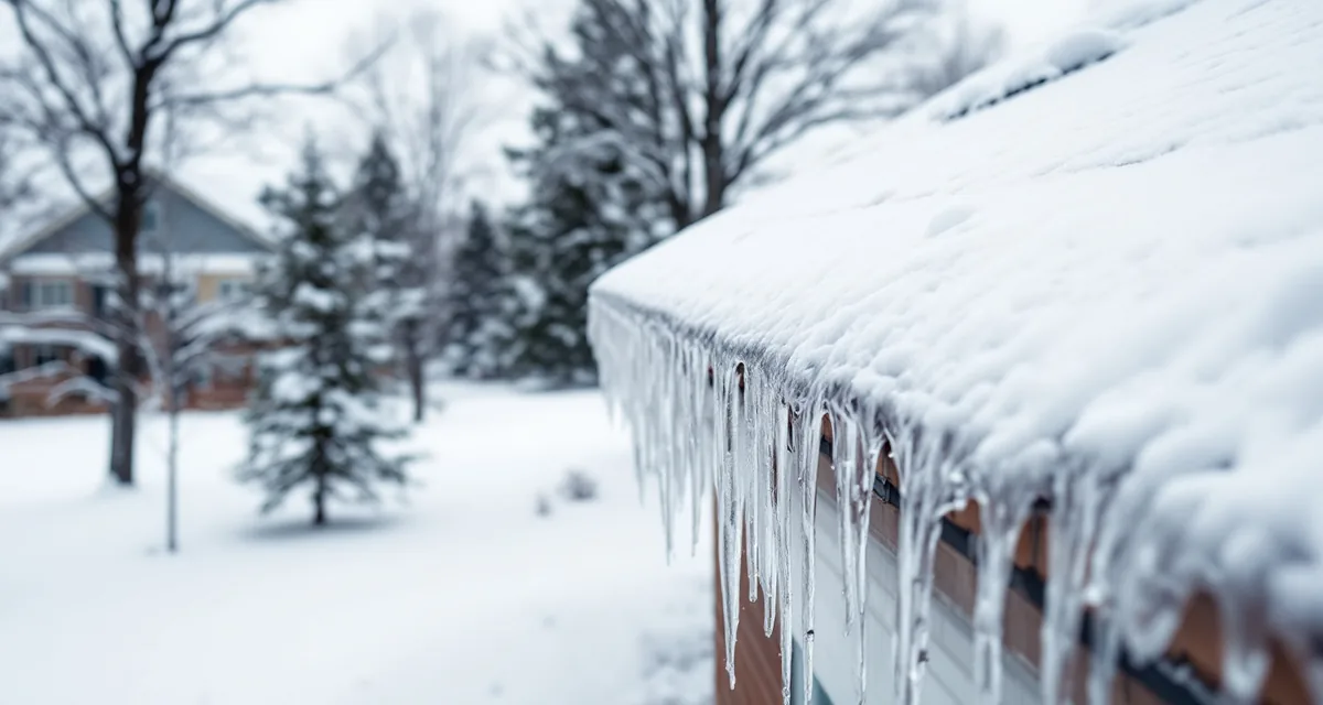 The lower edge of a snow covered house roof seen from beside it in winter, a fringe of long icicles hanging from the whole length of the eave, a snowy yard, evergreens and a neighbouring house behind