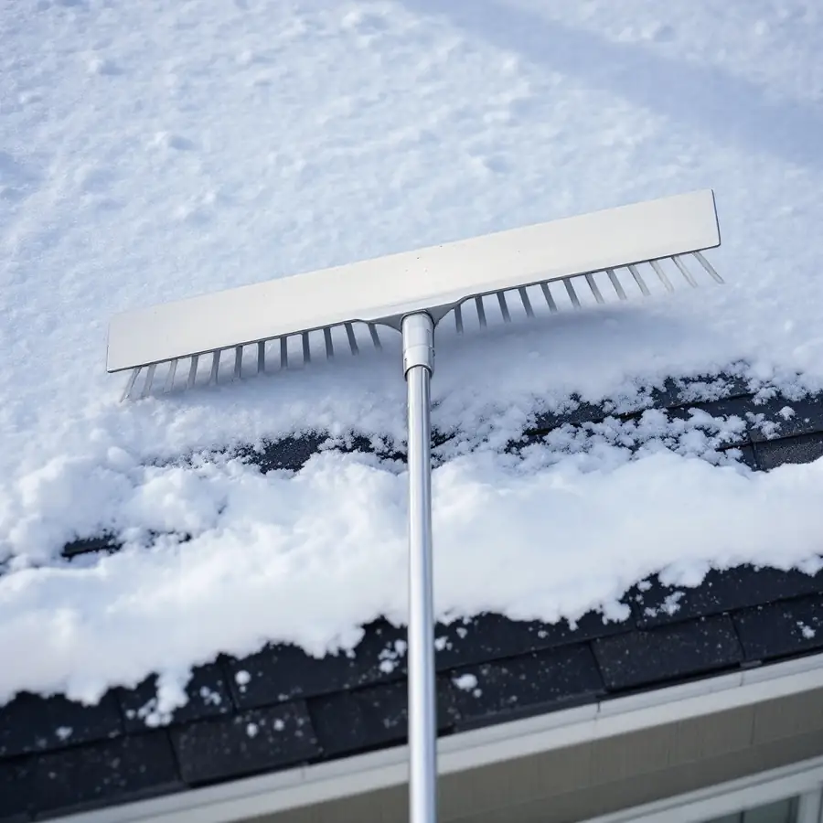 A snow roof rake with a wide flat blade on a long pole lying on a snow covered shingle roof, a strip of dark shingles cleared below it above the eave