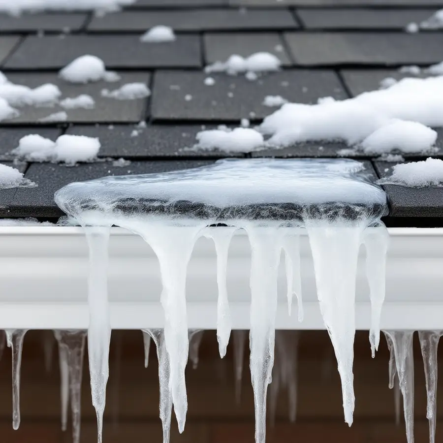 A thick slab of clear ice sitting on dark shingles at the lower edge of a roof above a white gutter, icicles hanging from it and patches of snow on the roof behind