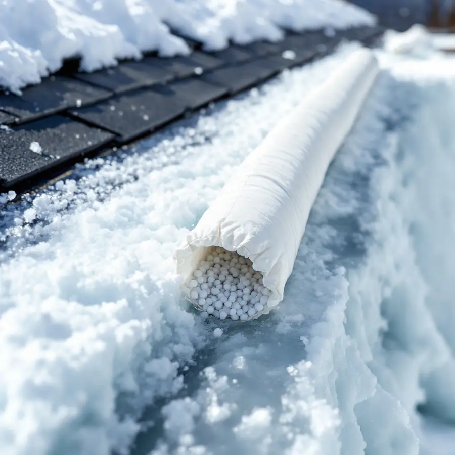 A long white fabric tube filled with small white pellets lying on a band of ice at the edge of a roof, a wet groove melting into the ice beneath it